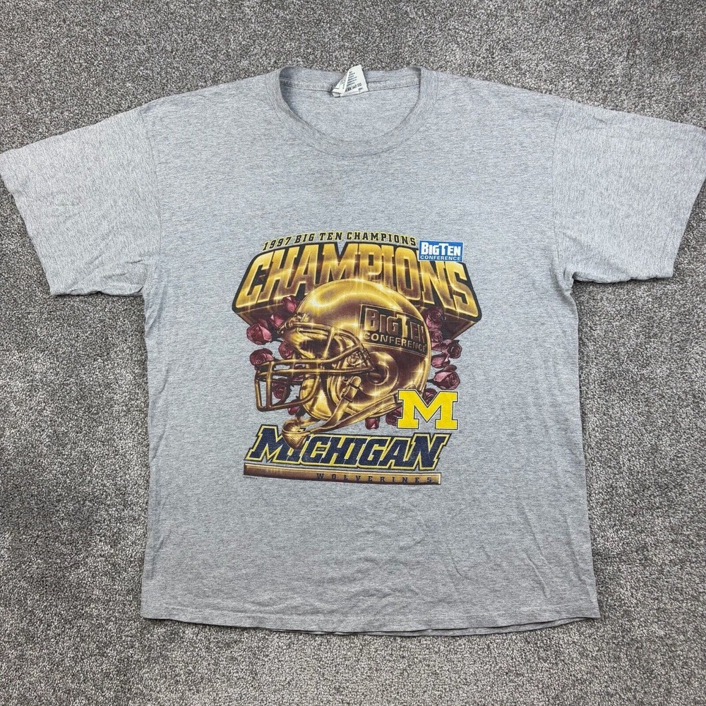 Vintage Michigan Wolverines Shirt Mens XL Gray 1997 Big 10 Champions Gold Helmet